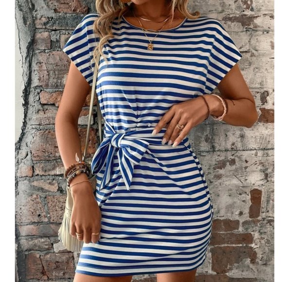 Nautical Womens Striped Batwing Sleeve Knot Front Dress - Picture 2 of 6